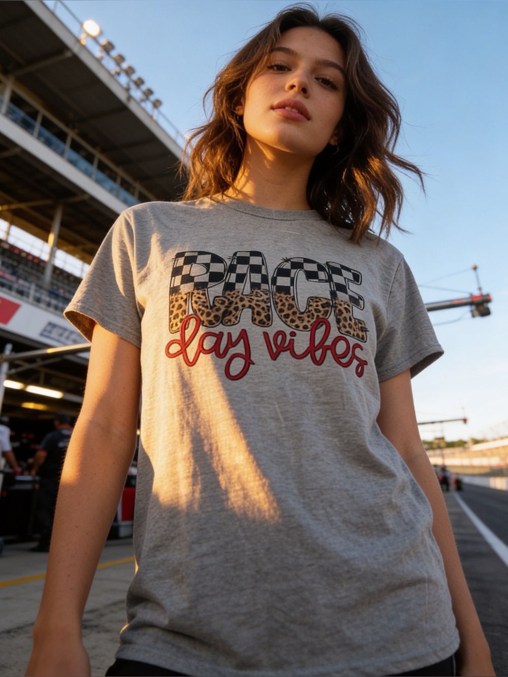 Jerzees | Women’s Race Day Vibes Grey Graphic Flag & Leopard Print Tee | M